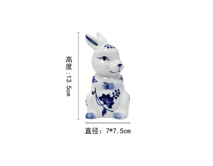 Blue and White Porcelain Rabbit Sculpture Decoration Cute Animal Ceramic Crafts Office Room Ornament