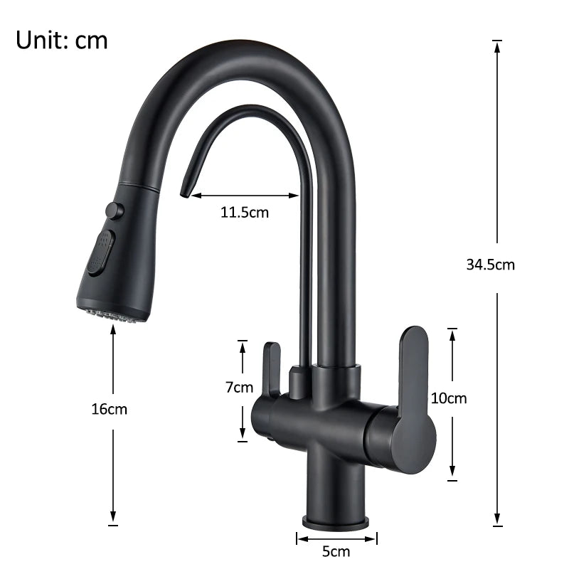 Grifo de cocina con filtro negro extraíble con rotación de 360 ​​grados y grifo mezclador de fregadero de tres vías