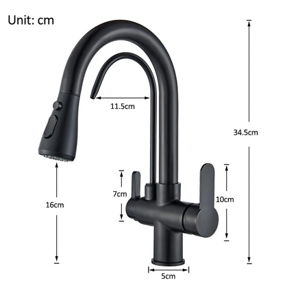 Grifo de cocina con filtro negro extraíble con rotación de 360 ​​grados y grifo mezclador de fregadero de tres vías