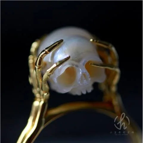 Unique Design Golden Color Imitation Pearl Skull Adjustable Ring Funny Headache Braincase Hand Carved Ring Party Jewelry Gifts