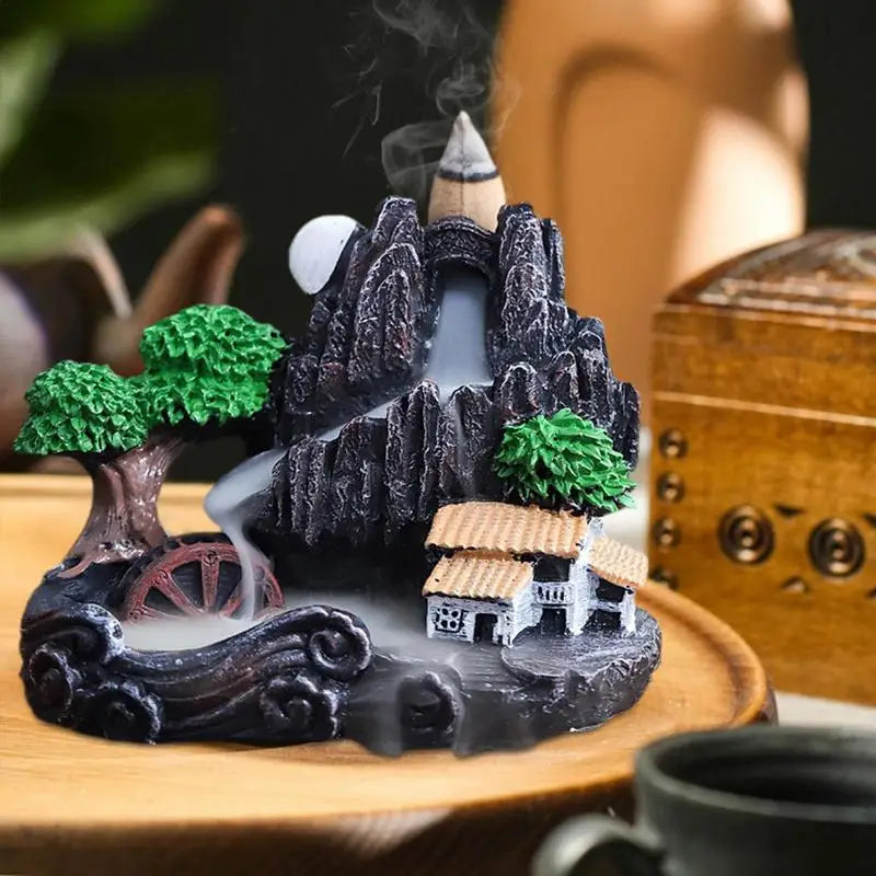 Resin Waterfall Incense Burner Handmade Fountain Smoke Landscape Backflow Incense Holder For Home Office Decor Gift