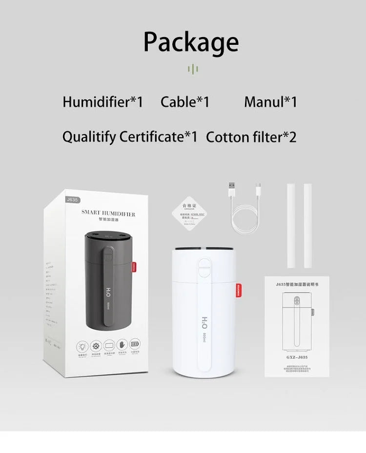 800ML Smart Induction Air Humidifier 2000mAh Battery USB Rechargeable Essential Oil Diffuser Air Humidifier for Home Car