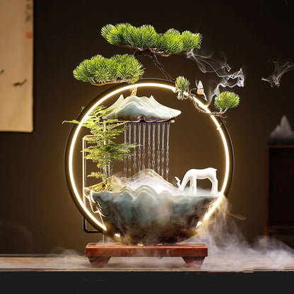 35cm Lucky Deer Fortune Fountain Chinese LED Lamp Ceramic Backflow Incense Burner Feng Shui Rockery Home Decor Ornament