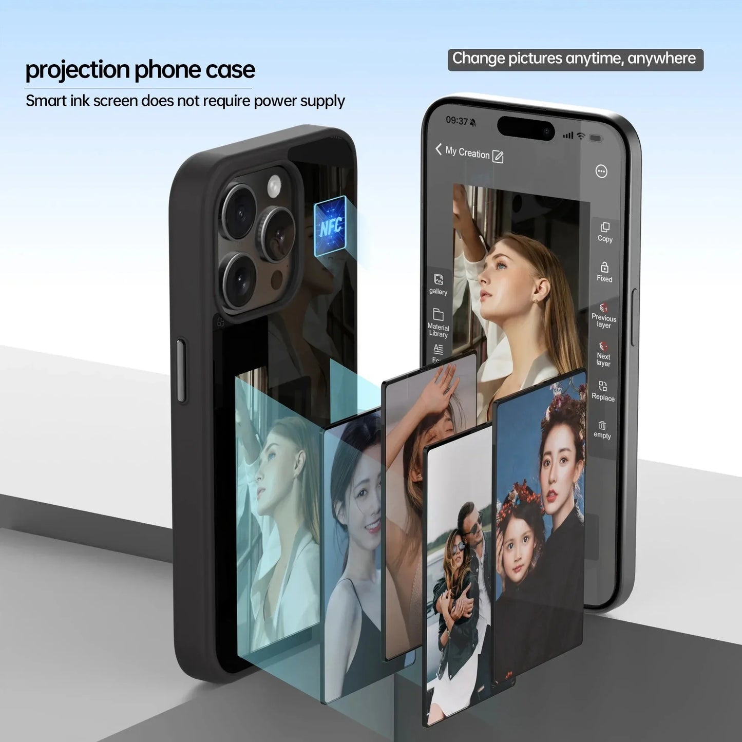 Smart NFC Phone Case For iPhone 15 13 14 Pro Max E-ink Screen Display Refresh Photos Via APP Anime Characters Couple Phone Cover