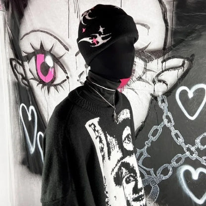 Gorro de punto de lana acrílica con patrón gótico Y2K para mujer, gorro de jacquard a prueba de viento, cálido, estilo hip hop, grunge, informal, para exteriores