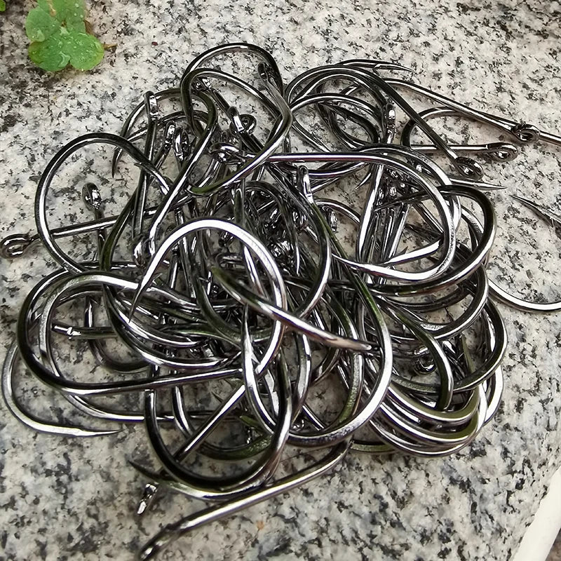 50pcs/Pack Big Eye Fishing Hook Circle Offset Fishhooks Barbed Saltwater High Carbon Steel Fish Hooks For Sea Lake River Fishing