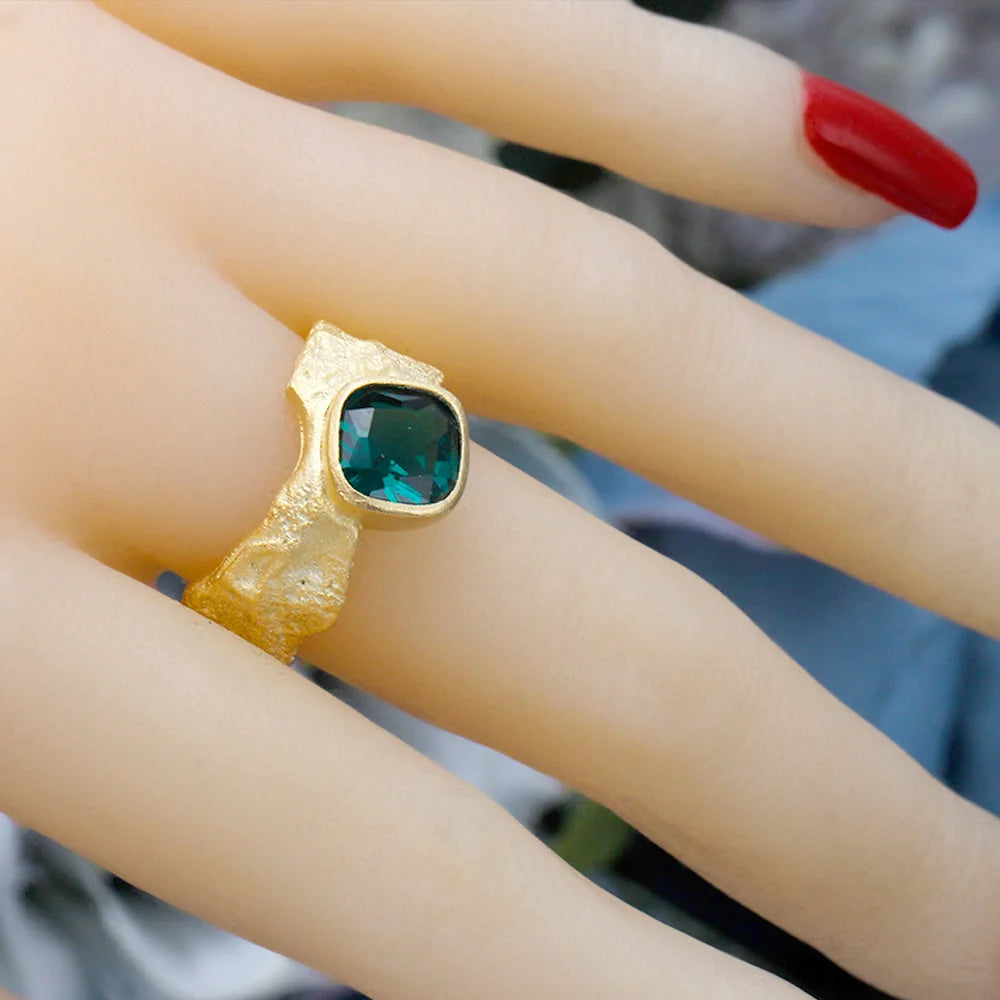 Square Cut Gemstone Ring Frosted Shape Gold Color Rubylith Zircon For Dibai Women Wedding Engagement Party Bride Jewelry