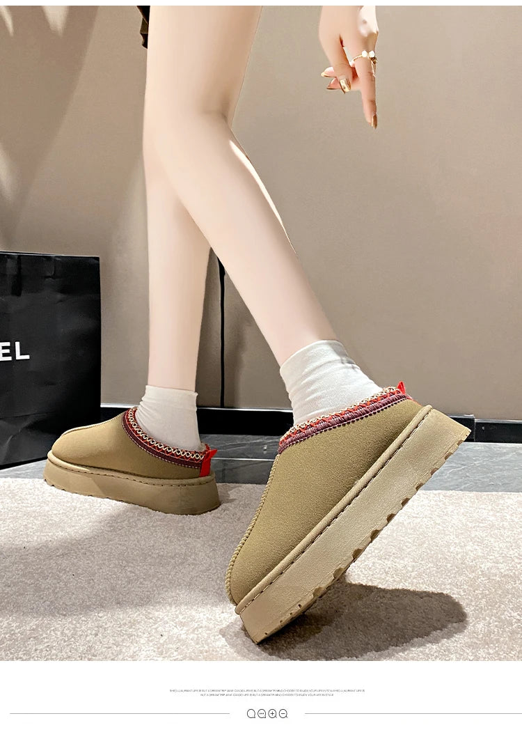 2024 Winter New Snow Boots for Women Cashmere Warm Thick Soles Without Heel-covered Hair Half Slipper Cotton Shoes for Women