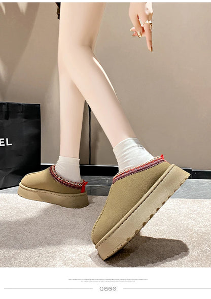2024 Winter New Snow Boots for Women Cashmere Warm Thick Soles Without Heel-covered Hair Half Slipper Cotton Shoes for Women