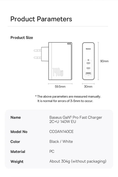Baseus 140W GaN Charger USB Type C PD3.1 Fast Charge For Macbook Tablet Quick Charge 4.0 3.0 Phone Charger For iPhone 15 14 13