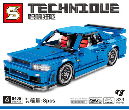 Technical building block bricks japan sport car nissans GTR R34 JDM retro model pull back vehicel toys collection for boys gifts