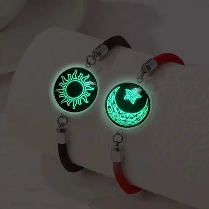 2Pcs Romantic Couple Bracelet Stainless Steel New Sun and Moon Lovers Charm Bracelet Glow in The Dark Adjustable Woven Bracelet