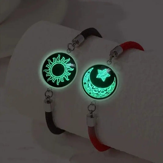 2Pcs Romantic Couple Bracelet Stainless Steel New Sun and Moon Lovers Charm Bracelet Glow in The Dark Adjustable Woven Bracelet