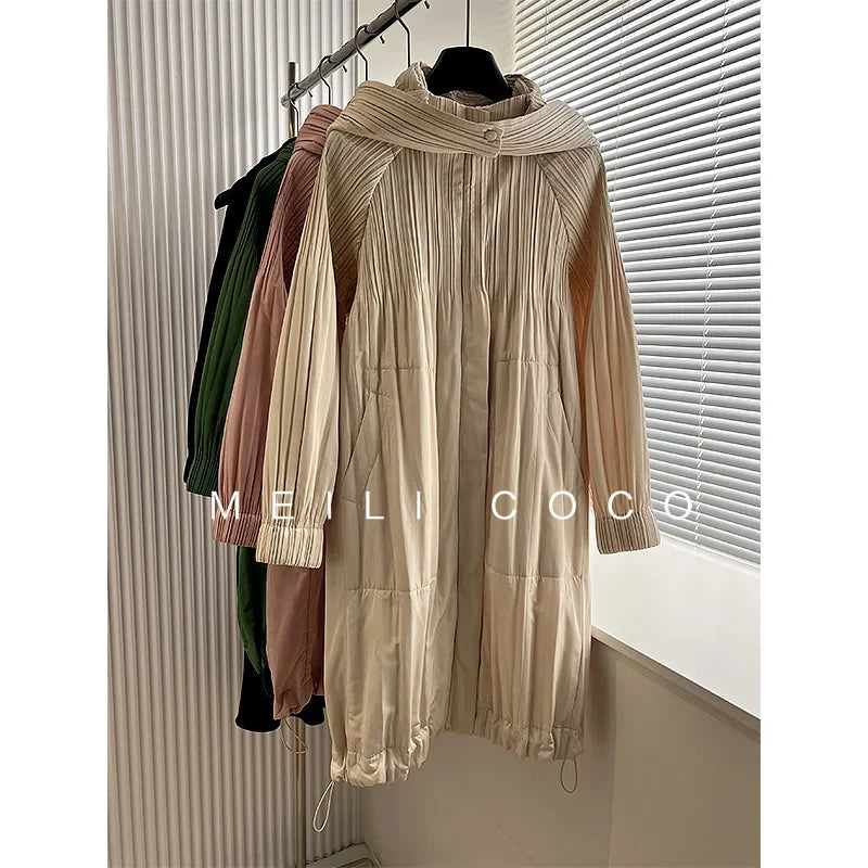 ALSEY Miyake Pleated Solid Collar Hooded Fashion Women's Jacket 2024 Autumn Winter New Long-sleeved Slim Lengthened Windbreaker
