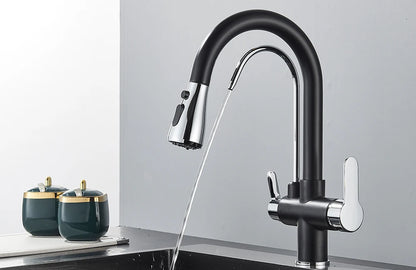 Grifo de cocina con filtro negro extraíble con rotación de 360 ​​grados y grifo mezclador de fregadero de tres vías