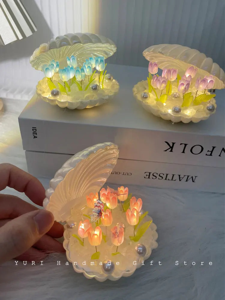 9 Flowers Shell Tulip Night Lamp Handmade Diy Home Decor Bedroom Atmosphere Light Girl Mother Girlfriend Valentine's Day