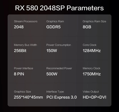 USED MLLSE AMD RX 580 8GB 2048SP Gaming Graphics Card GDDR5 256Bit PCI-E 3.0 ×16 8Pin Radeon GPU Rx 580 Video Card Placa Video