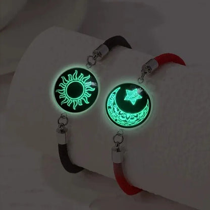 2Pcs Romantic Couple Bracelet Stainless Steel New Sun and Moon Lovers Charm Bracelet Glow in The Dark Adjustable Woven Bracelet