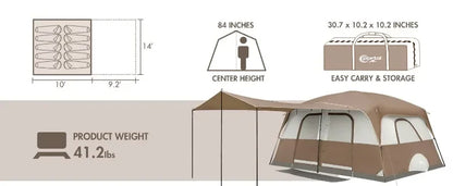 Tente de camping pour 10 personnes avec porche, grande tente familiale avec 2 pièces séparées par un rideau, camping, voyage en plein air, résistante à l'eau