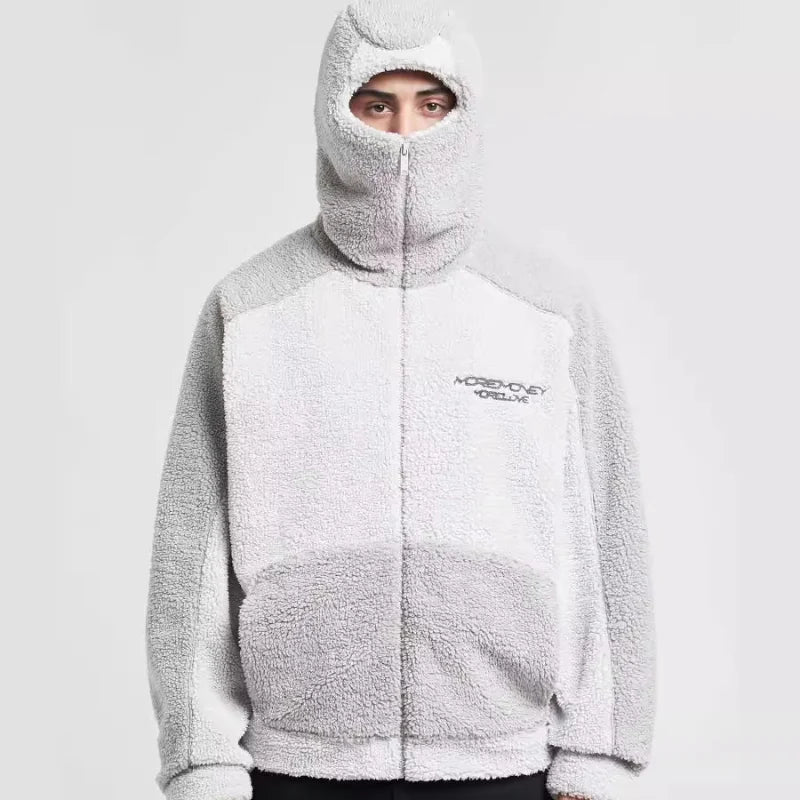 Manteau d'hiver en laine d'agneau pour homme, chaud, épais, mode décontractée, lettre brodée, capuche, ample, fermeture éclair, poche, veste en fausse peau de mouton