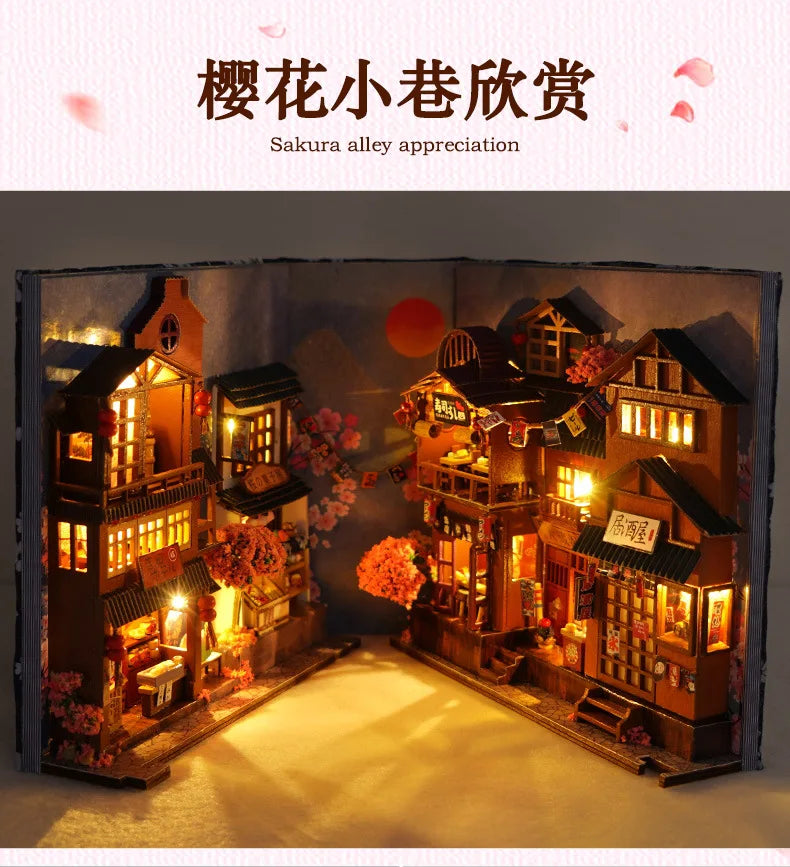 3D Wooden Puzzle DIY Book Kit Bookend Shelf Insert Alley Miniature Dollhouse Model Building Set Craft for Home Decoration P541