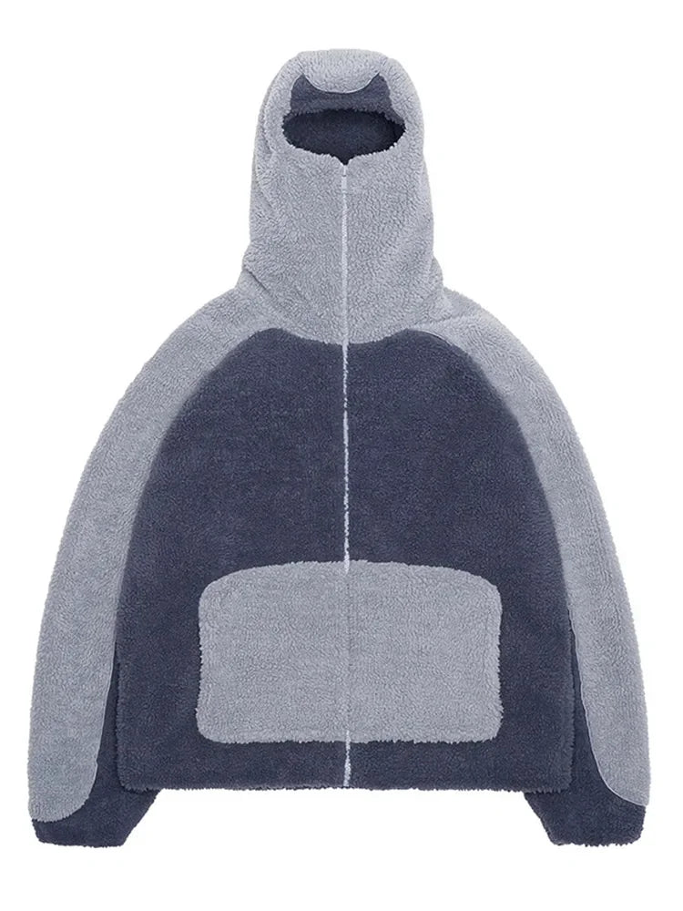 Autumn Winter Lamb Wool Fashion Loose Men's Jacket Contrast Patchwork Hooded Zipper Coat Plush Thicking Warm Couple Clothing