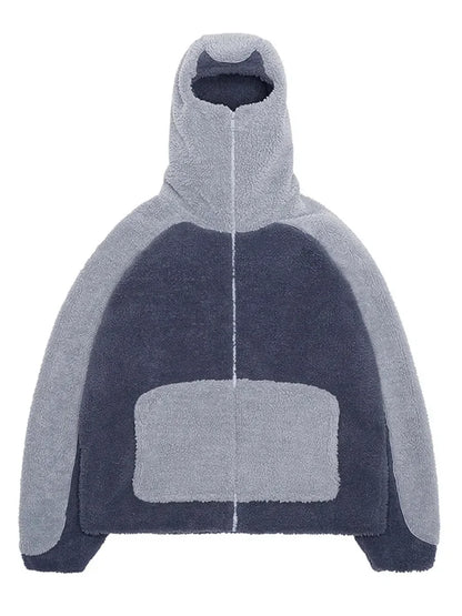 Autumn Winter Lamb Wool Fashion Loose Men's Jacket Contrast Patchwork Hooded Zipper Coat Plush Thicking Warm Couple Clothing