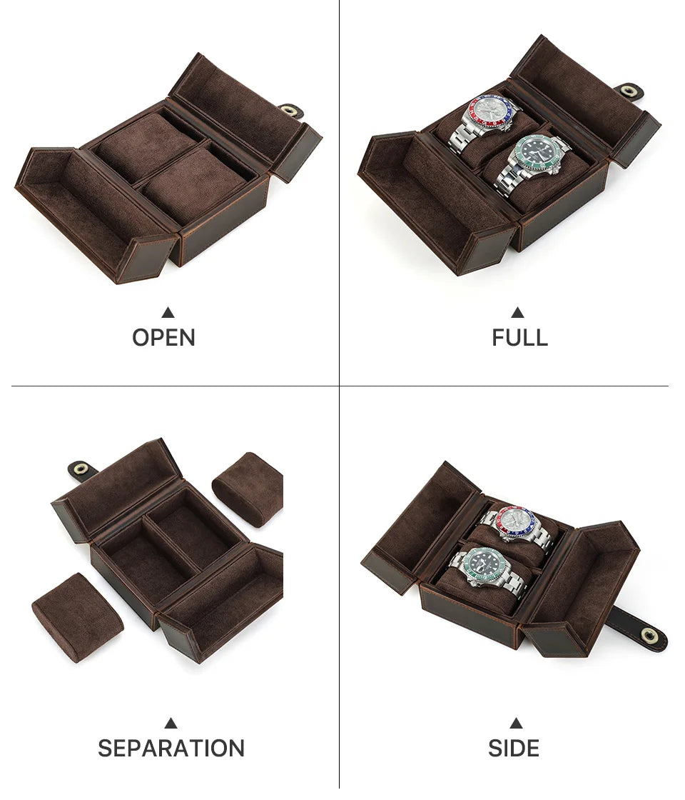Retro Luxury Genuine Leather 2 Slots Watch Roll Case Travel Portable Organizer Display Storage Box with Pillow Handmade Gifts