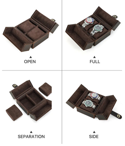 Retro Luxury Genuine Leather 2 Slots Watch Roll Case Travel Portable Organizer Display Storage Box with Pillow Handmade Gifts