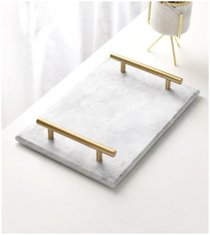 Nordic Home Decor Light Luxury Natural Marble Jewelry Storage Tray with Gold Handle Trinket Ring Plate Wedding Gift