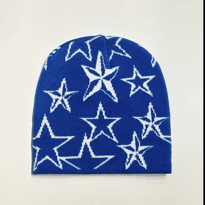Autumn and Winter Star Pentagram Knitted Hat Vintage Men's and Women's Woolen Hip Hop Print Beanie Hat Outdoor Sports Warm Cap