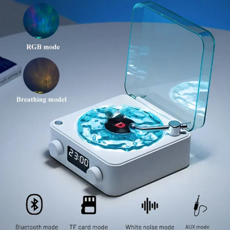 Haut-parleur Bluetooth Waves Vinyl Player avec bruit blanc, haut-parleur rétro pour platine vinyle, aide au sommeil, haut-parleur en forme de Vitrola avec lumière RVB