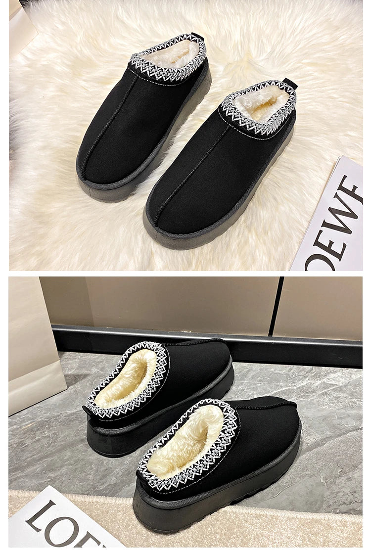 2024 Winter New Snow Boots for Women Cashmere Warm Thick Soles Without Heel-covered Hair Half Slipper Cotton Shoes for Women