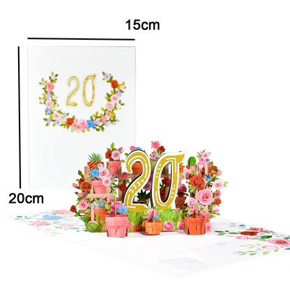 Tarjeta de aniversario emergente con números 1, 10, 28, 21 y 30 en 3D para cumpleaños, bodas