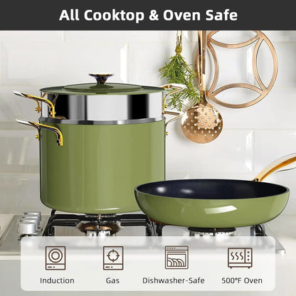 Nuwave Lux LE 13-Pc Cookware Set with Elegant Gold Handle Diamond Infused Ceramic Non-Stick PFAS Free Premium Metal Lids Avocado
