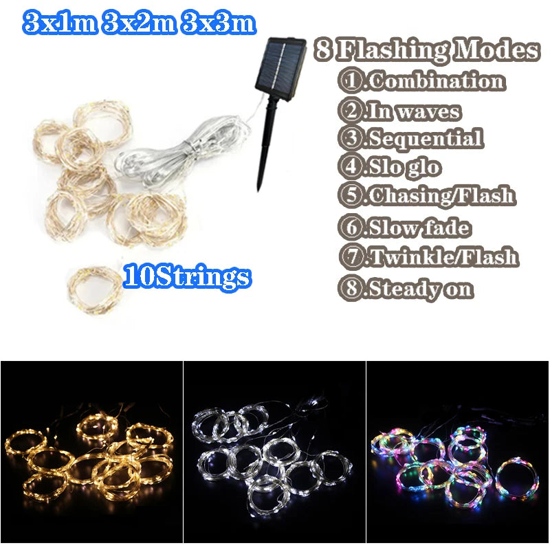 6X3M 3X3M Solar Curtain Light Outdoor Led Icicle Light 8 Modes Waterfall Christmas Fairy String Light for Garden Patio Decor