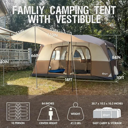 Tente de camping pour 10 personnes avec porche, grande tente familiale avec 2 pièces séparées par un rideau, camping, voyage en plein air, résistante à l'eau