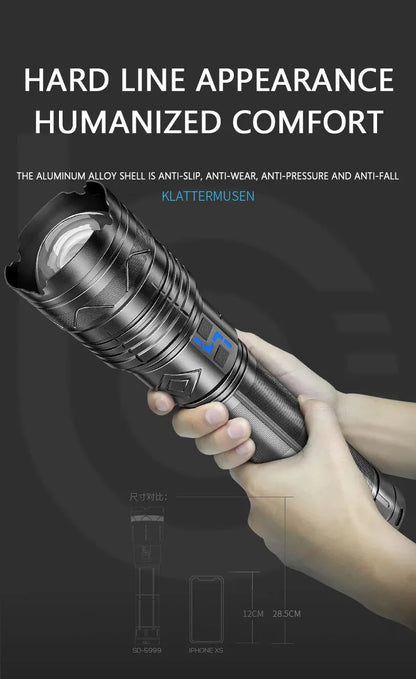 Linterna LED potente GT60 de 100 W, linterna táctica de largo alcance con pantalla de potencia, linterna con zoom recargable por USB para acampar al aire libre
