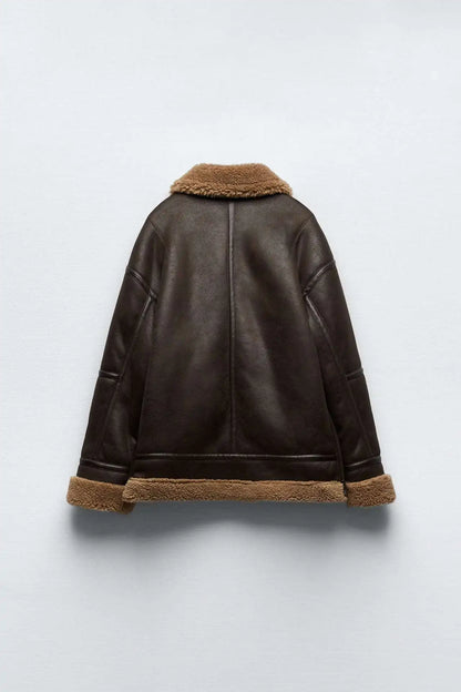 Chaqueta cálida de lana de cordero para mujer de ZBZA, abrigo de piel gruesa de estilo vintage con solapa y cremallera y manga larga con bolsillo, abrigo elegante de invierno