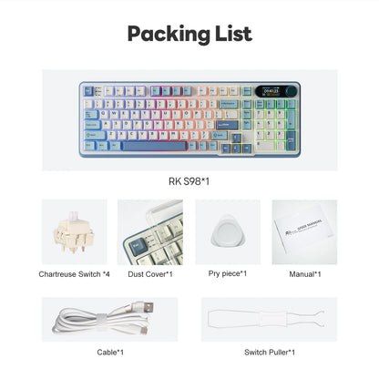 RK ROYAL KLUDGE S98 Mechanical Keyboard Top Mount TFT Screen 98 Keys RGB BT5.0/2.4G/USB-C Wireless Gamer Keyboard Hot Swappable