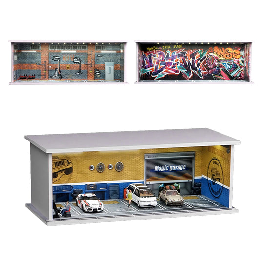 1:64 Modelo de estacionamiento de simulación Escena en miniatura para modelo de automóvil de juguete Modelos de automóviles ensamblados de PVC con marco de exhibición de luces Juguete de regalo