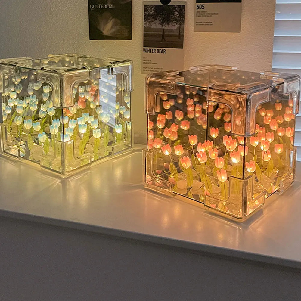 DIY Tulip Night Light Led Decorative Night Lamp Magic Cube Table Lamp and Mirror 2 in 1 for Birthday Gifts and Christmas Present