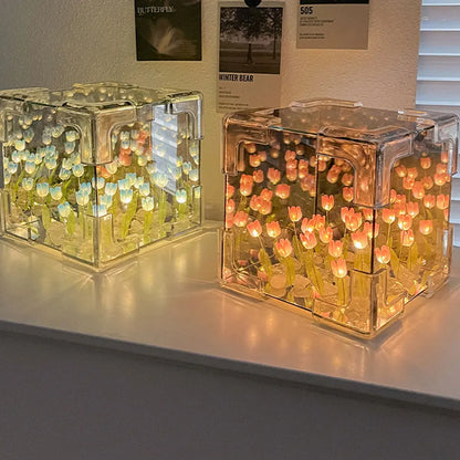 DIY Tulip Night Light Led Decorative Night Lamp Magic Cube Table Lamp and Mirror 2 in 1 for Birthday Gifts and Christmas Present