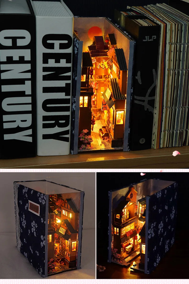 3D Wooden Puzzle DIY Book Kit Bookend Shelf Insert Alley Miniature Dollhouse Model Building Set Craft for Home Decoration P541