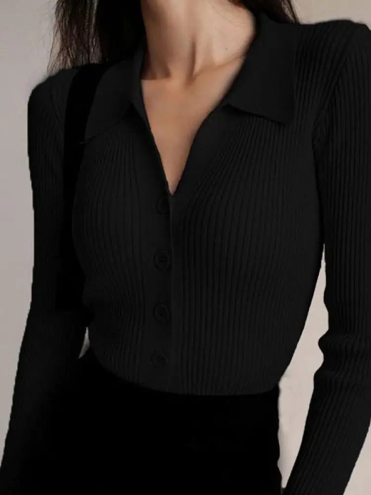 AOSSVIAO 2024 Ladies Buttons Sexy V Neck Long Sleeve POLO Neck Knit Cardigan Sweater Women Lapel Slim Tops