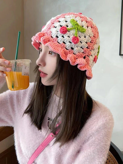 2022 New Korean-Japanese Hand Buckle Crochet Bucket Hat Spring and Autumn Winter Sun Hat Female Cherry Designer Bob Basin Hat