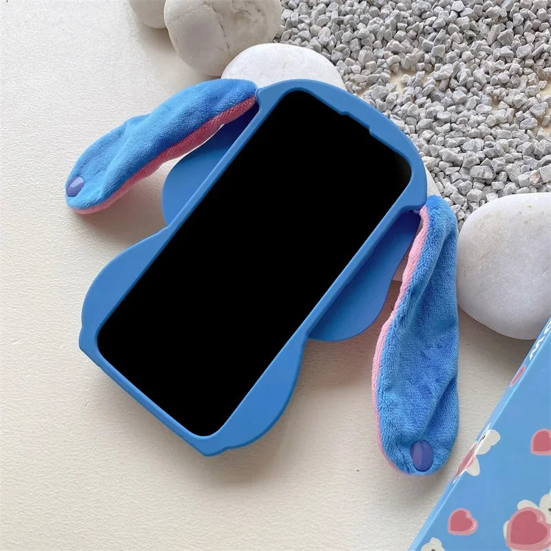 Stitch 3D Silicone Cartoon Phone Case for IPhone 14 13 12 11 15 Pro Max Fluffy Fur Plush Ear Sleeves Gift for Girls and Boys