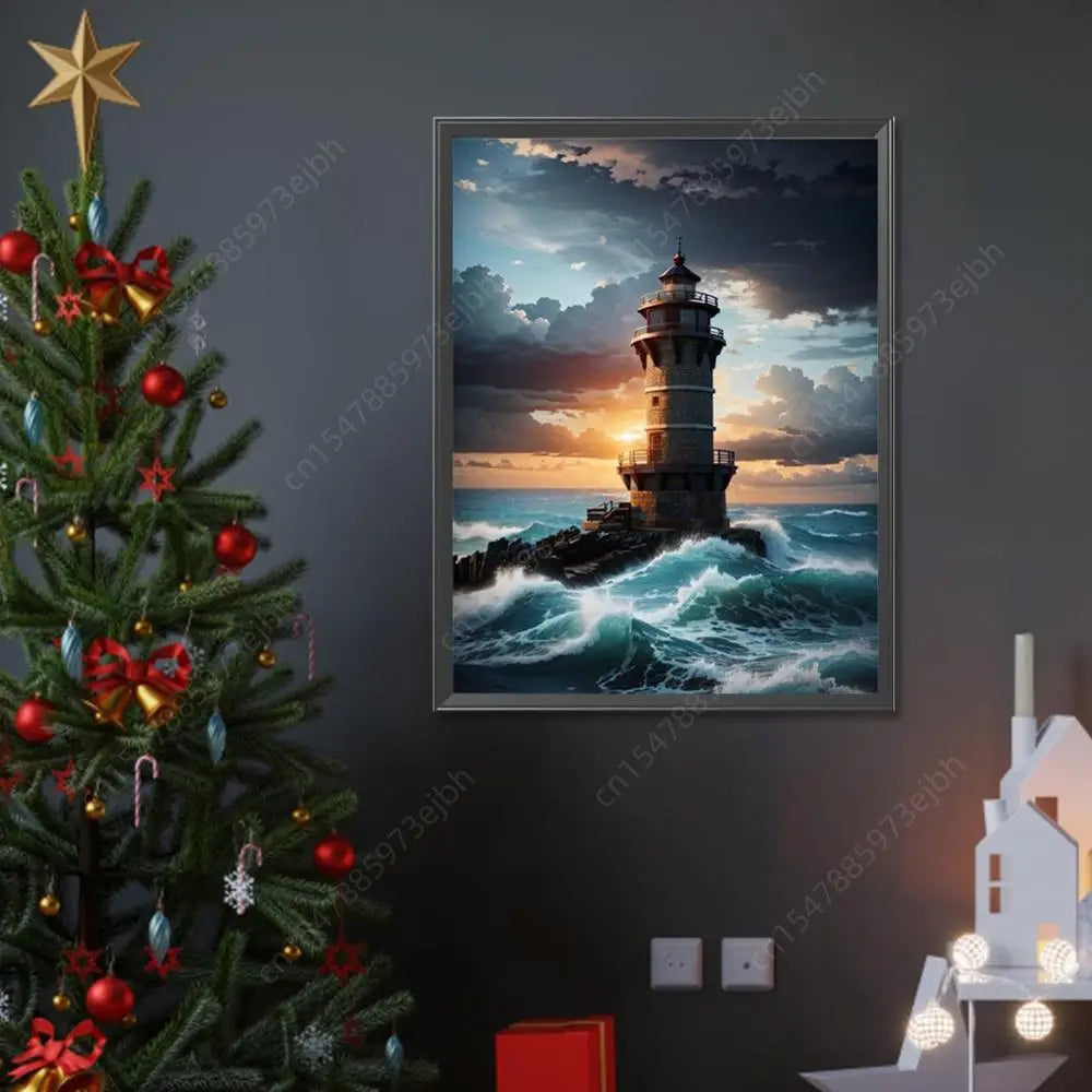 5D DIY Full Round Drill Diamond Painting Seaside Lighthouse Home Decor 30x40cm