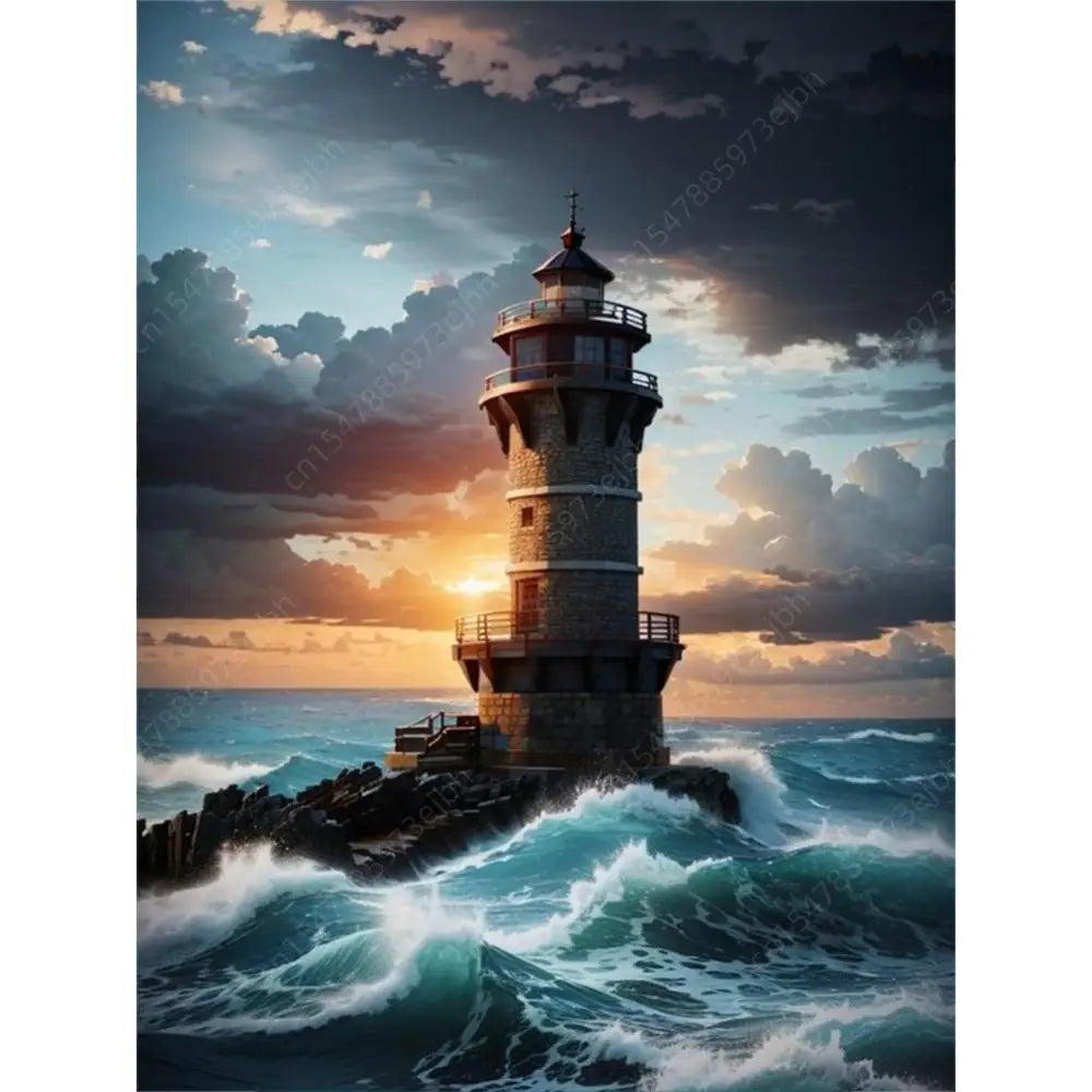 5D DIY Full Round Drill Diamond Painting Seaside Lighthouse Home Decor 30x40cm