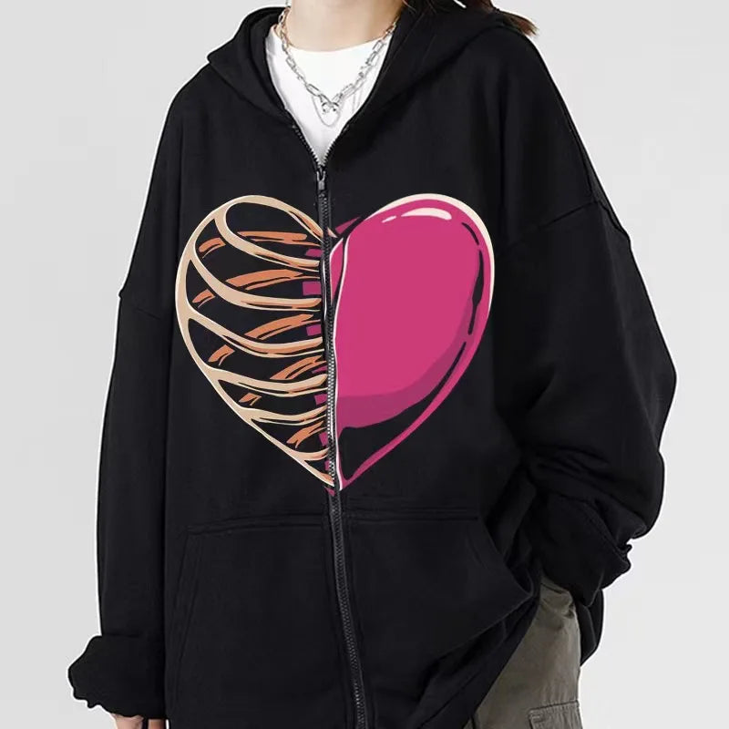 American retro street dark skeleton black fashionable loose zipper hooded sweatshirt for men and women Harajuku casual